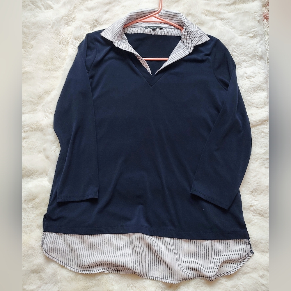 Adrianna Papell Navy Blue Button Down Shirt with Striped Collar